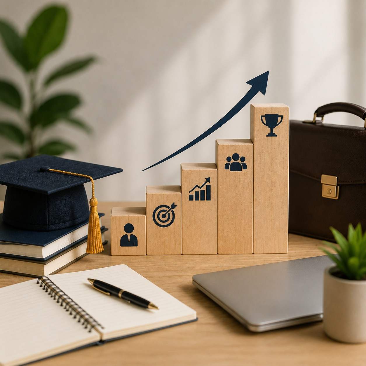XLRI MBA career outcomes represented by graduation cap, career growth steps, briefcase, laptop and professional development symbols.